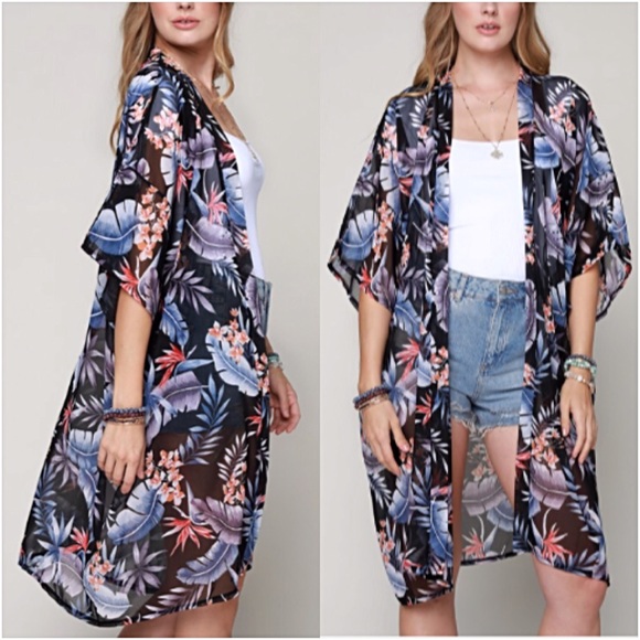 Tropical Boho Kimono Cardi Coverup Wrap O/S - Picture 3 of 7